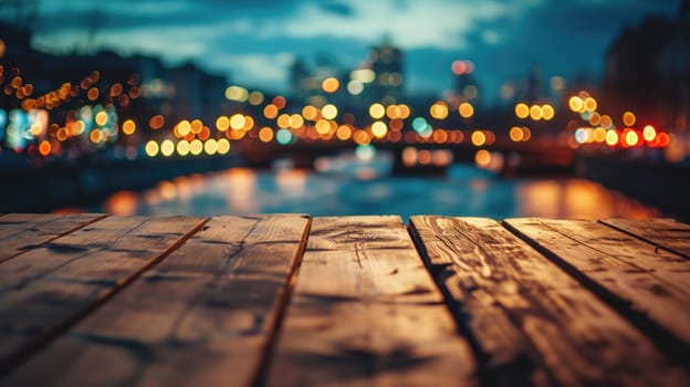 Blank wood tabletop with blurred night city skyline and river, showcase, nightlife,.