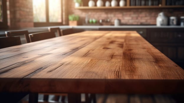 Empty brown wooden table top and blurred defocused modern kitchen background, AI Generative.