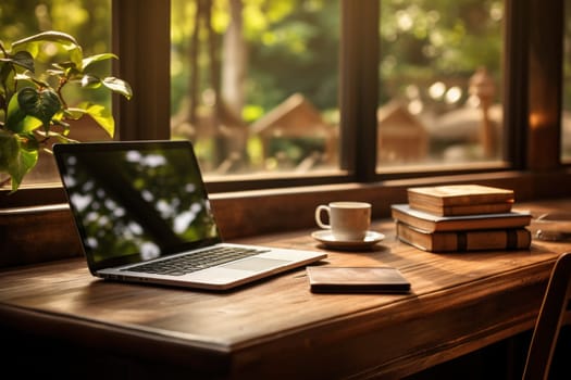 A closed laptop on a wooden desk in modern coffee cafe.