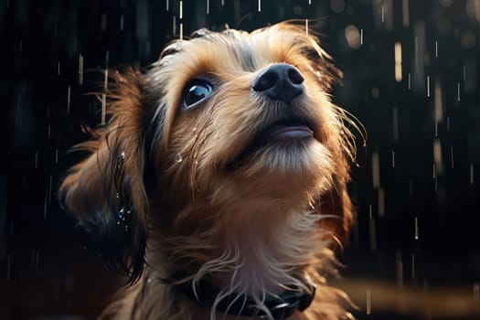 A puppy with floppy ears trying to catch the raindrops with its tongue.