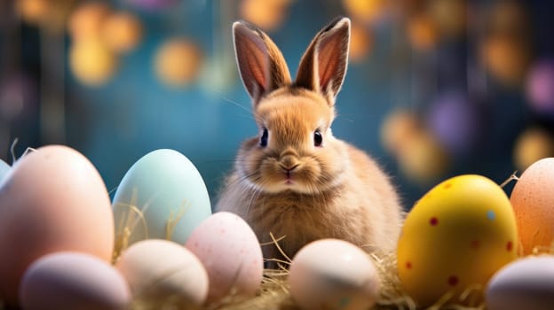 Adorable Easter Bunny With Easter Eggs, colorful Easter eggs, banner and wallpaper, AI Generative.