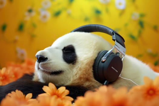 photography of a happy and relaxed big Panda with closed Eyes wearing Headphones, AI Generative.