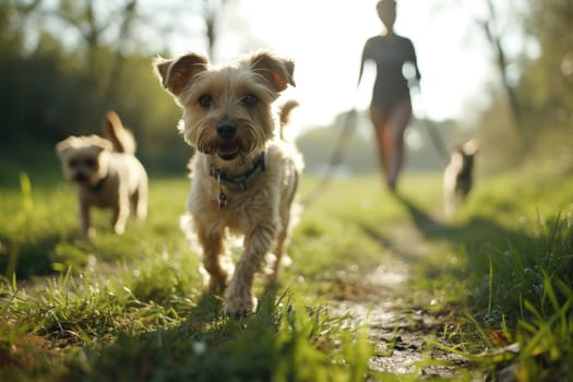 Owner and dog walking in garden unfocused background, Dog walker, Pet and owner.