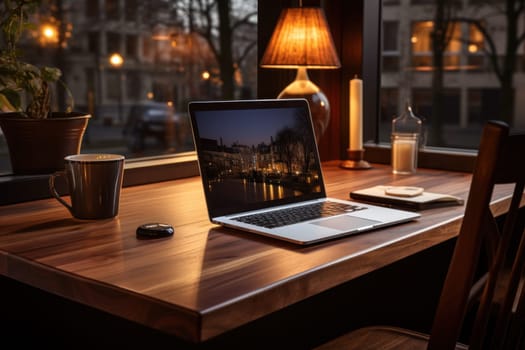 A closed laptop on a wooden desk in modern coffee cafe.