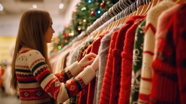 In a clothing store, close up hand of woman is choosing a winter sweater, AI Generative.