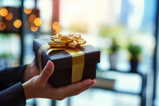 Photo of hands Giving a business gift in an office. Office holiday celebration.
