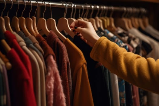 Closeup unrecognizable woman picking clothes from wardrobe, choosing what to wear.