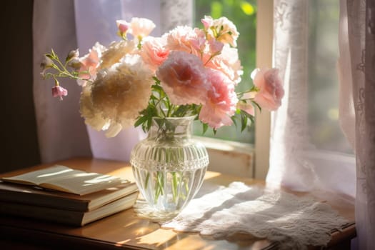 Photo of A bouquet of flowers in a crystal vase.