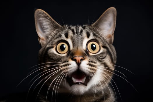 Funny surprised cat studio shot isolated bright color background.