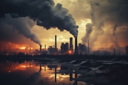 Industrial factory pollution, smokestack exhaust gases, bad atmosphere.
