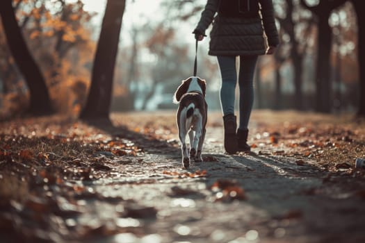 Rare view of a dog walks in the park with female owner leading the leash..