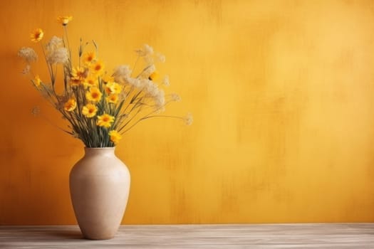 Vase of wildflowers on wooden table and pastel wall texture background.