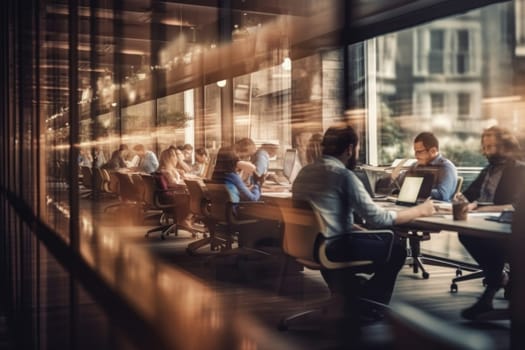 Blurred office interior space background with people working and meeting on desk, Business concept..