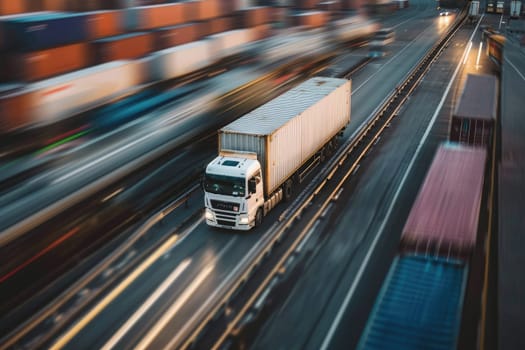 Truck with container on highway, cargo transportation concept. Fast delivery, blurred motion.