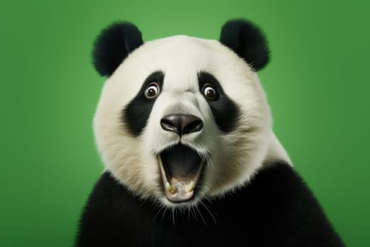 Funny surprised panda studio shot isolated bright color background.