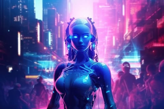 Creative poster collage of cyberpunk neon blue pink city light female robot.