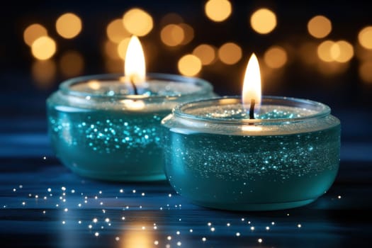 Happy Diwali poster or banner design with illuminated oil lamps on blurred lighting background.