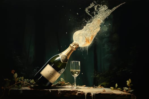 Champagne bottle and wine glass illustration.