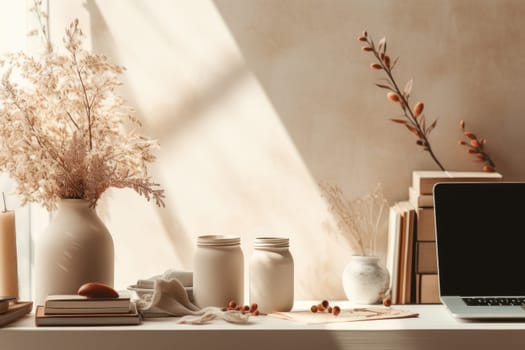 Desk interior style minimal pastel desk with vase and laptop, AI Generative.
