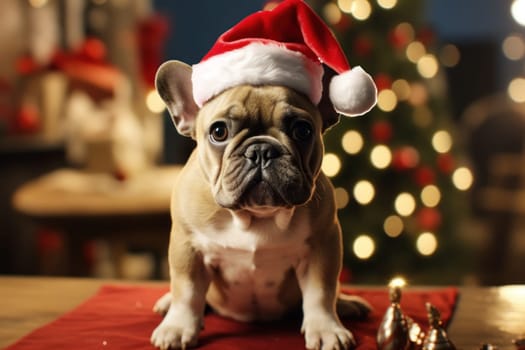 Portrait of cute dog, celebrating Christmas holidays wearing a red Santa Claus hat, AI Generative.