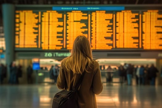 Photo of a people in The Airport In Front Of The Flight Information Display.