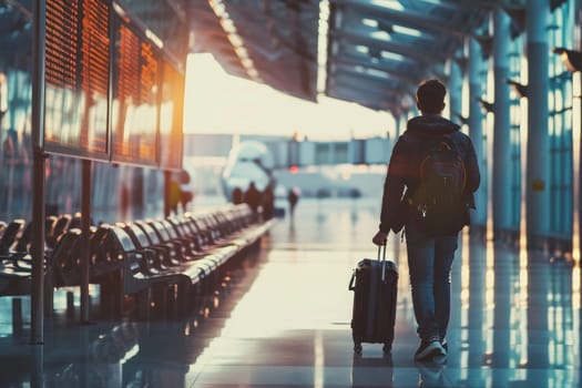 Traveling by airplane. Man walking with backpack and suitcase walking through airport terminal.