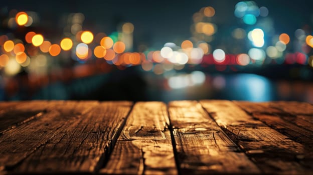 Blank wood tabletop with blurred night city skyline and river, showcase, nightlife,.
