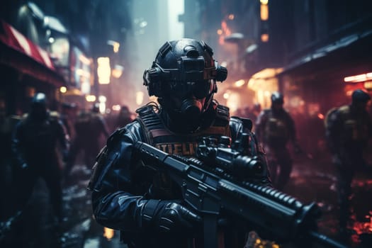 Futuristic special force soldiers, Cyberpunk warrior portrait in neon light background.