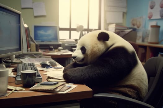 Photo Panda being lazy in the office, Generative AI.