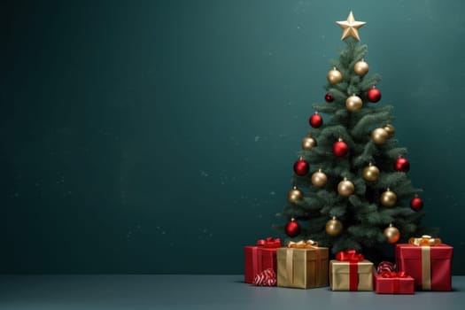 Christmas Tree Winter with Gift Boxes green Background for advertising.