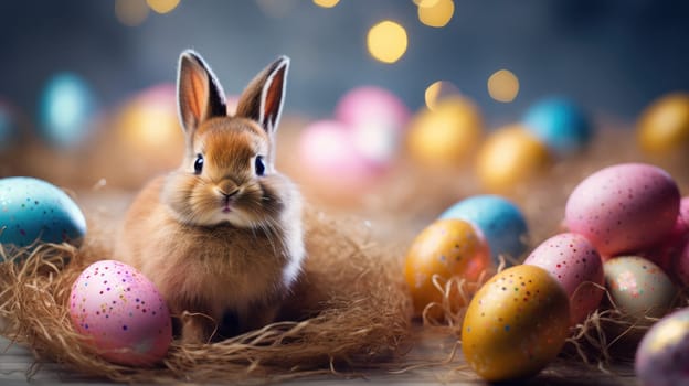 Adorable Easter Bunny With Easter Eggs, colorful Easter eggs, banner and wallpaper, AI Generative.
