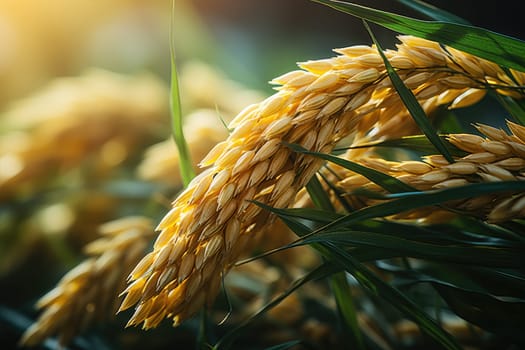 Ear of rice, Rice field, Closeup of yellow paddy rice field with green leaf and Sunlight in the morning time..