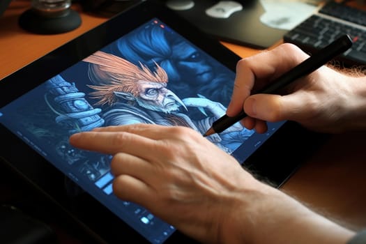 Close up of a Graphic Designer hand drawing on a digital tablet.