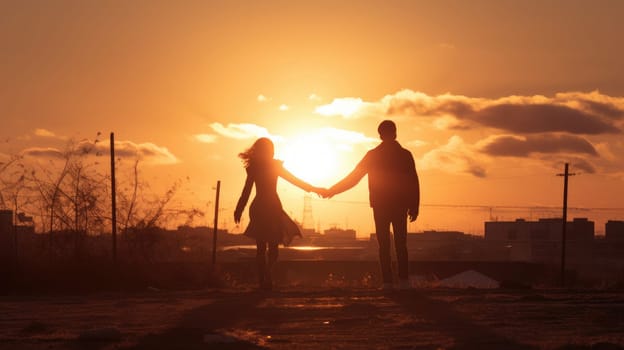 a couple holding hands as the sun sets behind them, AI Generative.