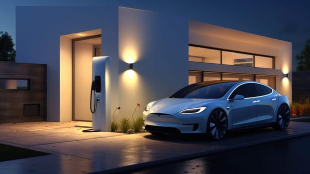 Generic electric vehicle EV hybrid car is being charged from wall charger on contemporary modern residential building house at night time.