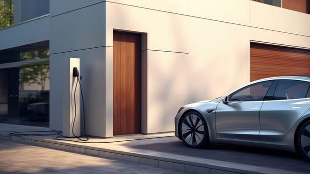 Generic electric vehicle EV hybrid car is being charged from wall charger on contemporary modern residential building house.