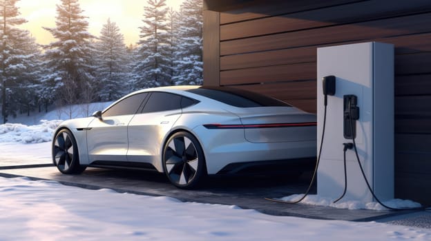 Generic electric vehicle EV hybrid car is being charged from wall charger on contemporary modern residential building house at winter