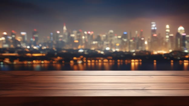 Blank wood tabletop with blurred night city skyline and river, showcase, nightlife, AI Generative.