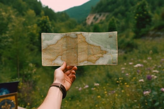 hand holding travel map, natural background, travel concept.