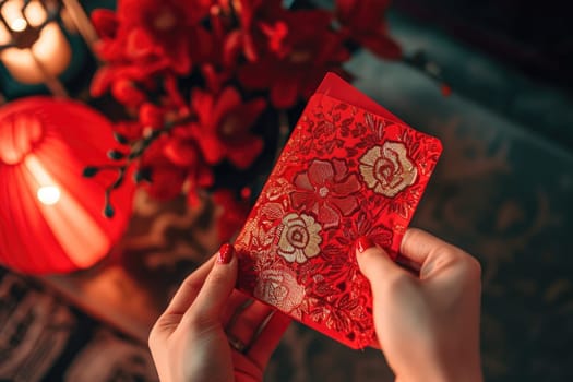 Chinese new year celebration, Cropped shot of hand receiving red envelopes from their parent.