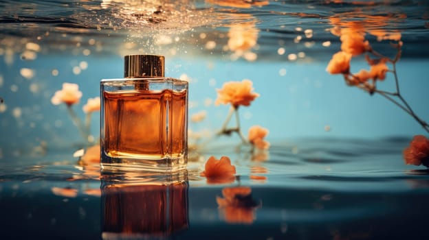 Product photo of a perfume floating on the water surface, AI Generative.