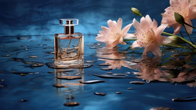 Product photo of a perfume floating on the water surface, AI Generative.