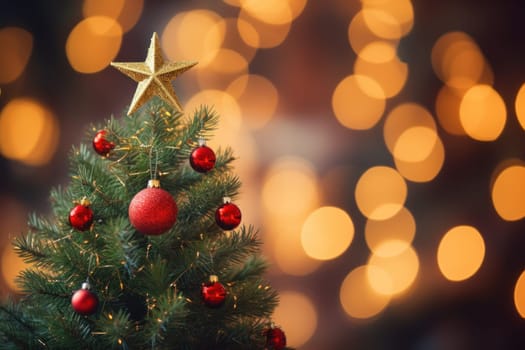 Christmas, New Year decor tree red and golden balls on lights bokeh background. Selective focus.
