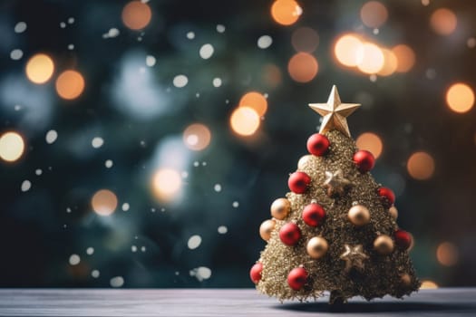 Christmas, New Year decor tree red and golden balls on lights bokeh background. Selective focus.
