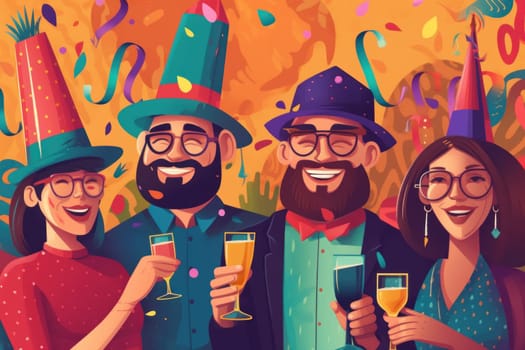 a diverse people wearing colorful party hats Celebrate new year party, illustration.