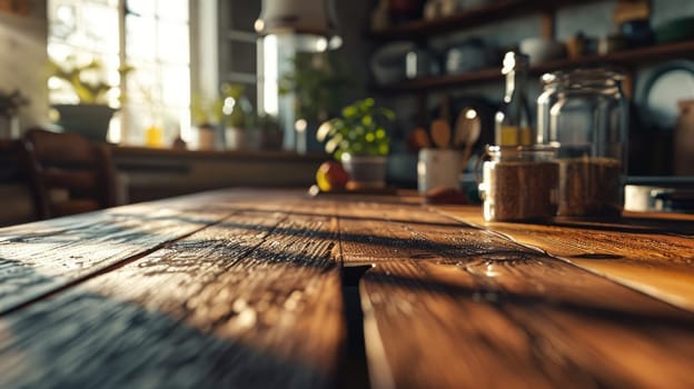 Empty table in modern kitchen interior, Empty wooden counter table top for product display.