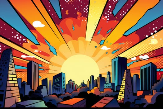 comic retro pop art style sunrise in the city.