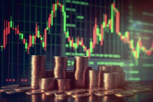 Financial graph with stock market uptrend line graph and background of coins.
