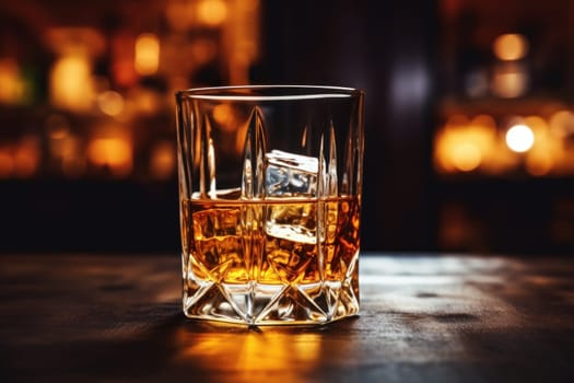 Close up photograph of glass of whiskey.