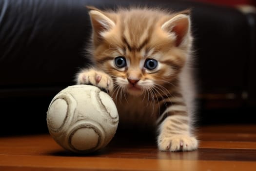 Photo of lying Baby kitten play big Ball.